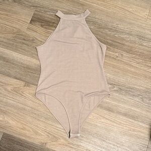 Pink Lily Taupe Ribbed Bodysuit
